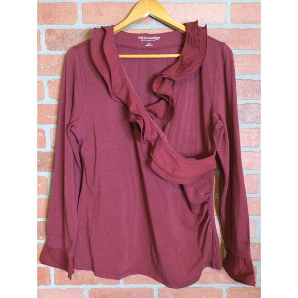 Soft Surroundings Womens Cotton Shapely Surplice Ruffle Blouse Top Pullover L - Picture 2 of 6
